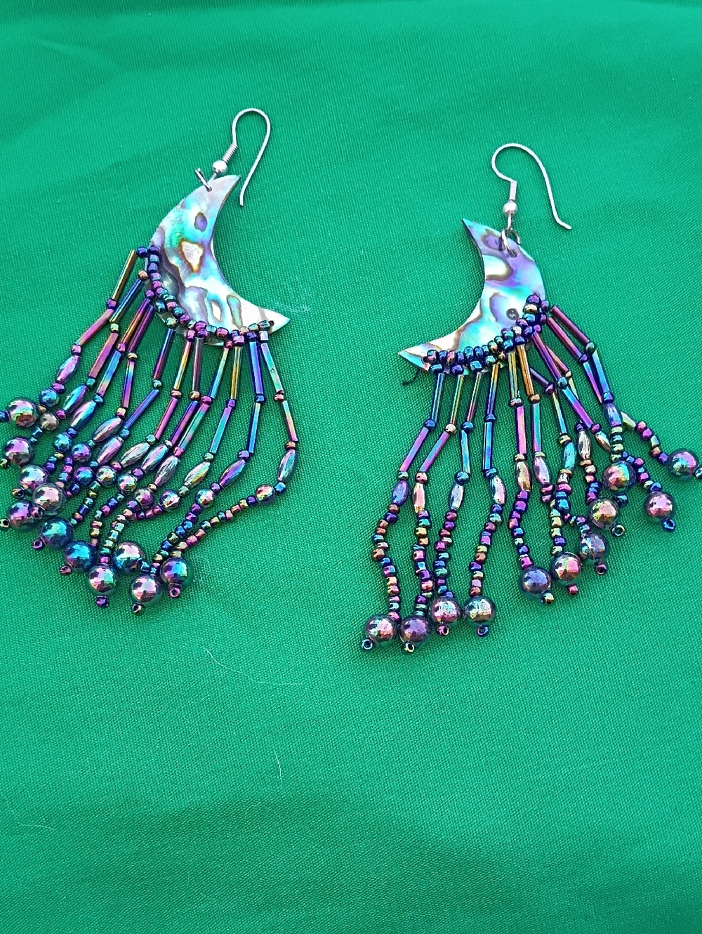 Iridescent Abalone Crescent Fringe Earrings - Women Jewelry